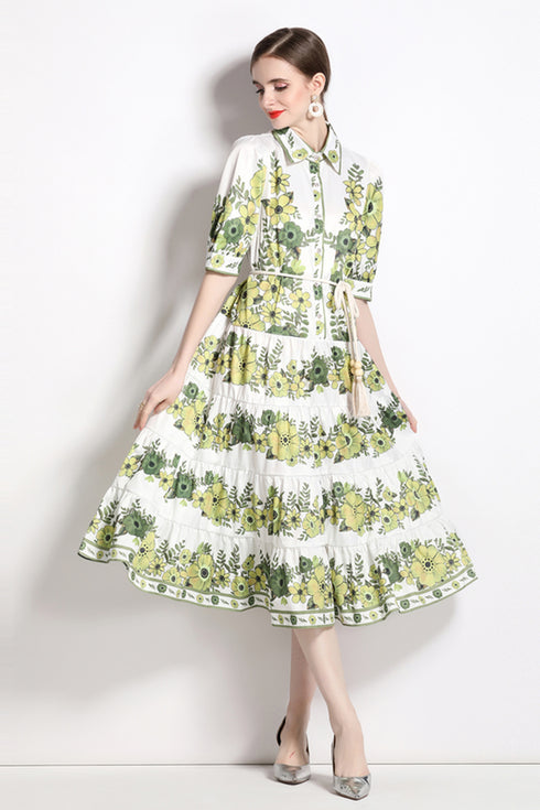 Runway Fashion Elegant Collared, Floral Print, Bubble sleeves Dress